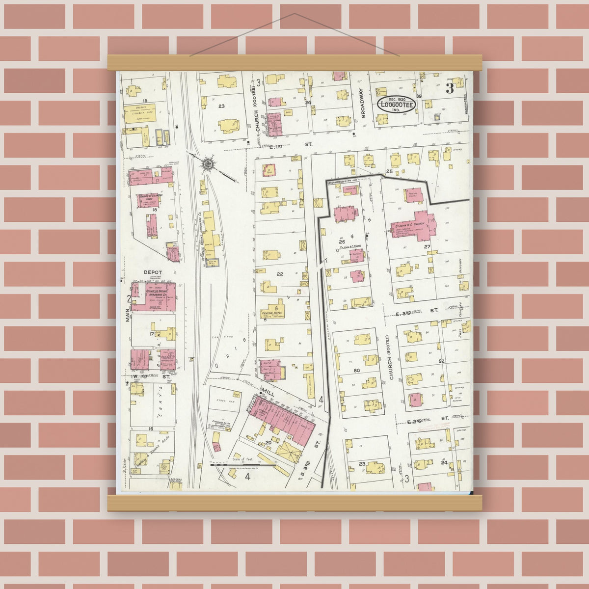 Old map wall art mockup — magnetic wood frame on brick wall — Sanborn Fire Insurance Map from Loogootee, Martin County, Indiana (1920), Sheet #0003