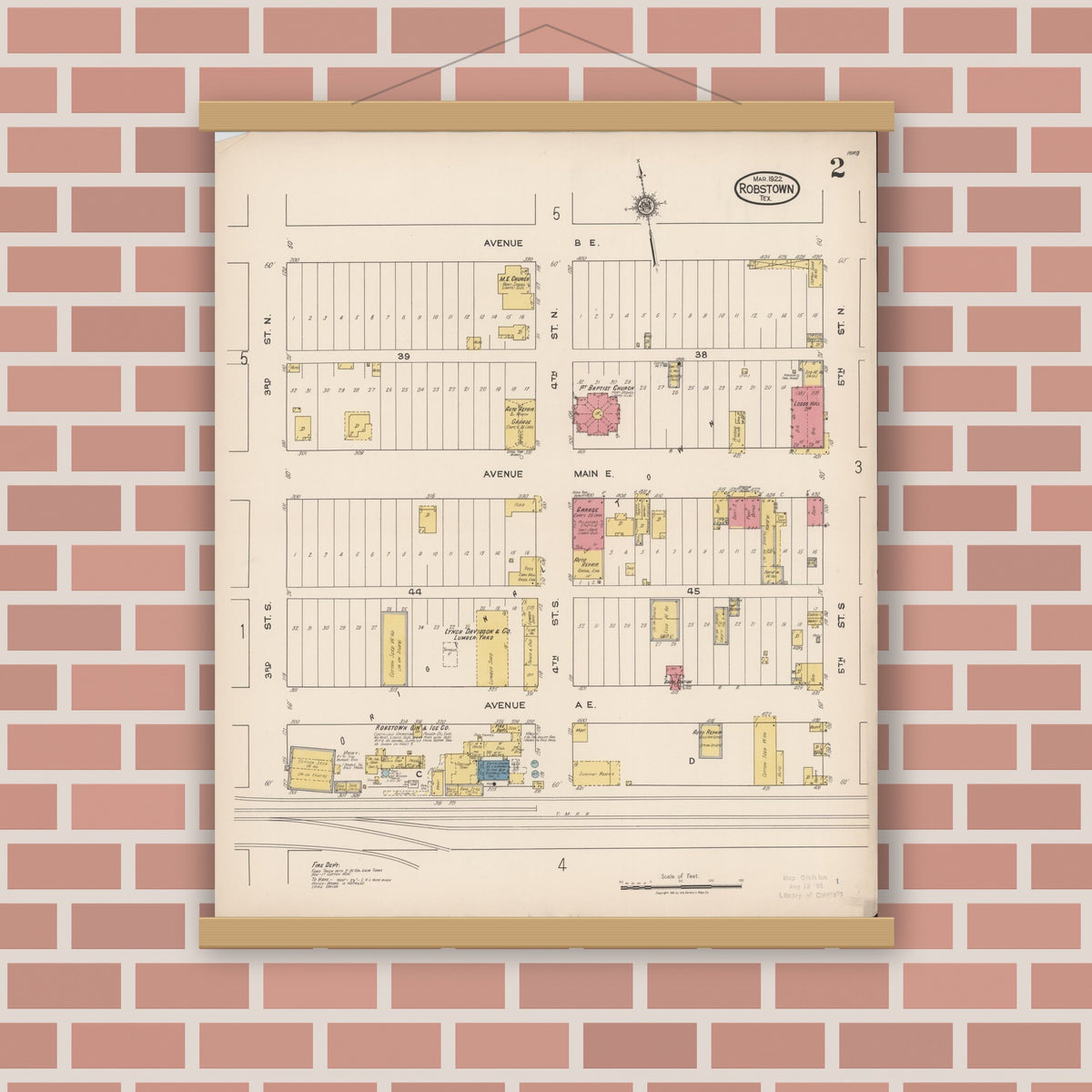 Old map wall art mockup — magnetic wood frame on brick wall — Sanborn Fire Insurance Map from Robstown, Nueces County, Texas (1922), Sheet #0002