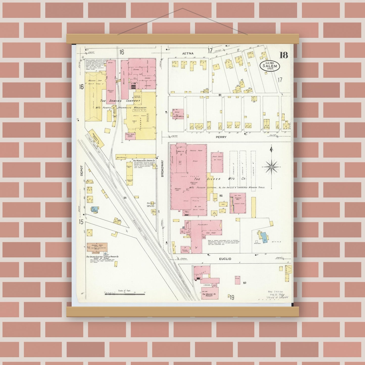 Old map wall art mockup — magnetic wood frame on brick wall — Sanborn Fire Insurance Map from Salem, Columbiana County, Ohio (1909), Sheet #0018