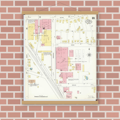 Old map wall art mockup — magnetic wood frame on brick wall — Sanborn Fire Insurance Map from Salem, Columbiana County, Ohio (1909), Sheet #0018