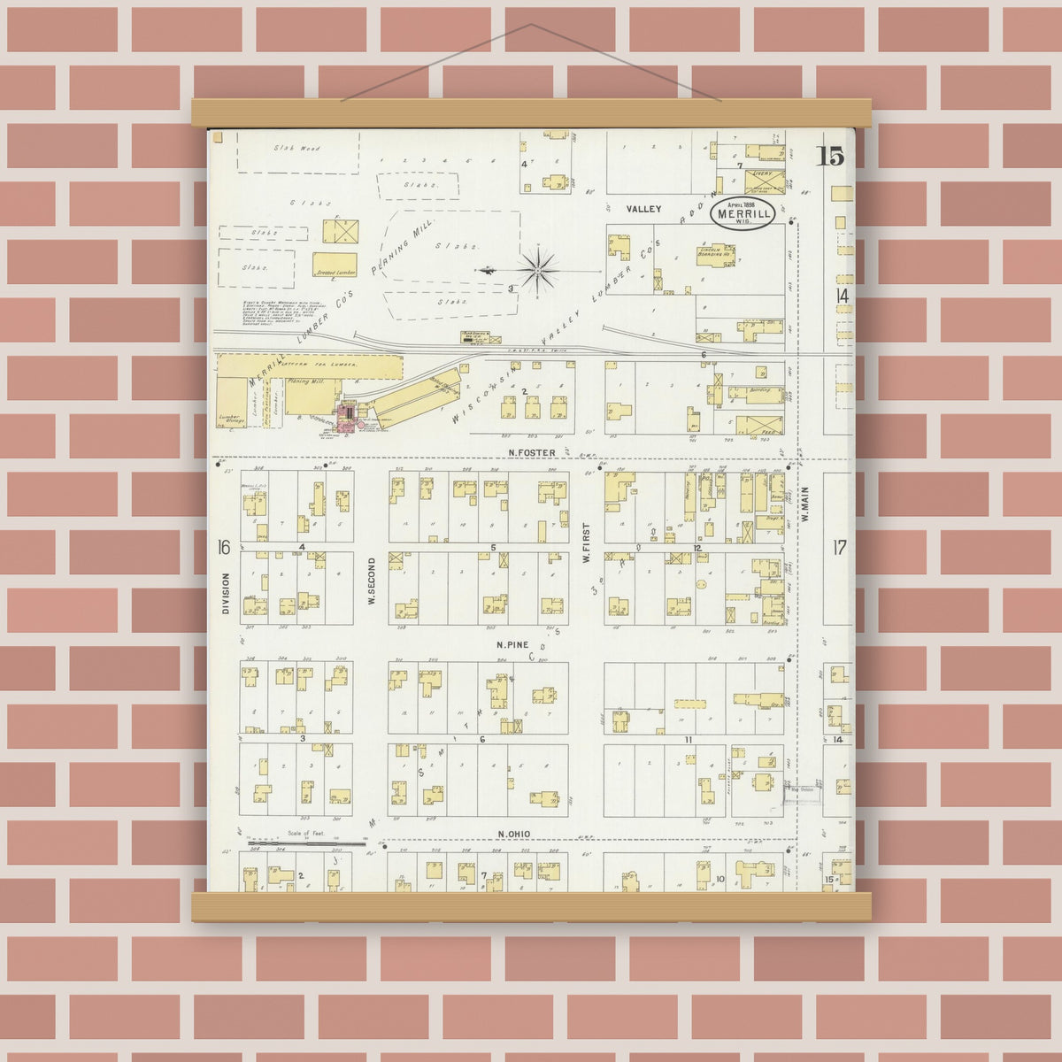 Old map wall art mockup — magnetic wood frame on brick wall — Sanborn Fire Insurance Map from Merrill, Lincoln County, Wisconsin (1898), Sheet #0015