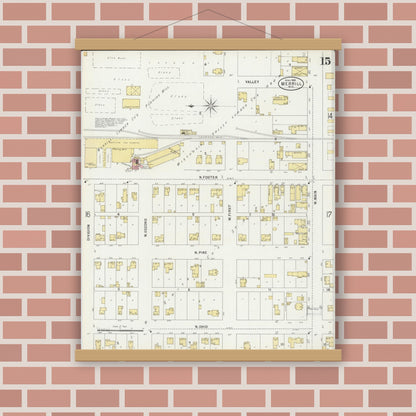 Old map wall art mockup — magnetic wood frame on brick wall — Sanborn Fire Insurance Map from Merrill, Lincoln County, Wisconsin (1898), Sheet #0015