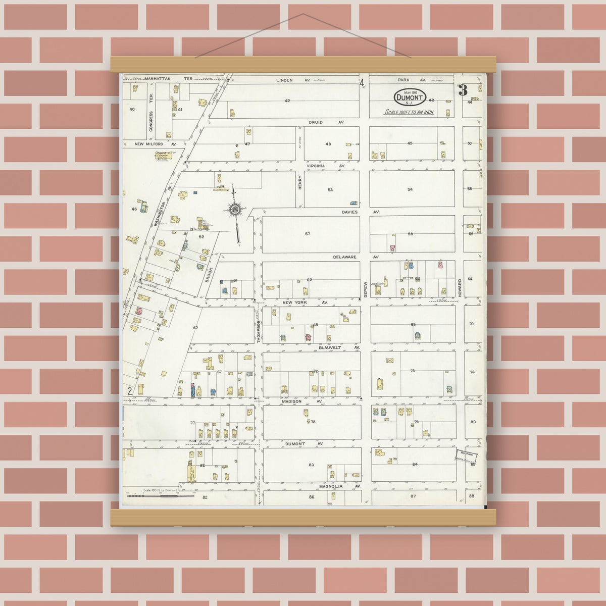 Old map wall art mockup — magnetic wood frame on brick wall — Sanborn Fire Insurance Map from Dumont, Bergen County, New Jersey (1916), Sheet #0003