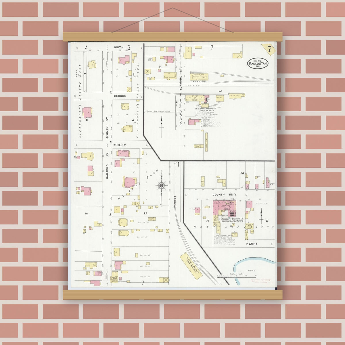 Old map wall art mockup — magnetic wood frame on brick wall — Sanborn Fire Insurance Map from Mascoutah, Saint Clair County, Illinois (1910), Sheet #0007