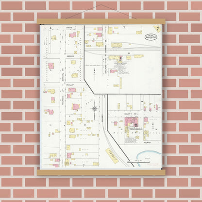 Old map wall art mockup — magnetic wood frame on brick wall — Sanborn Fire Insurance Map from Mascoutah, Saint Clair County, Illinois (1910), Sheet #0007