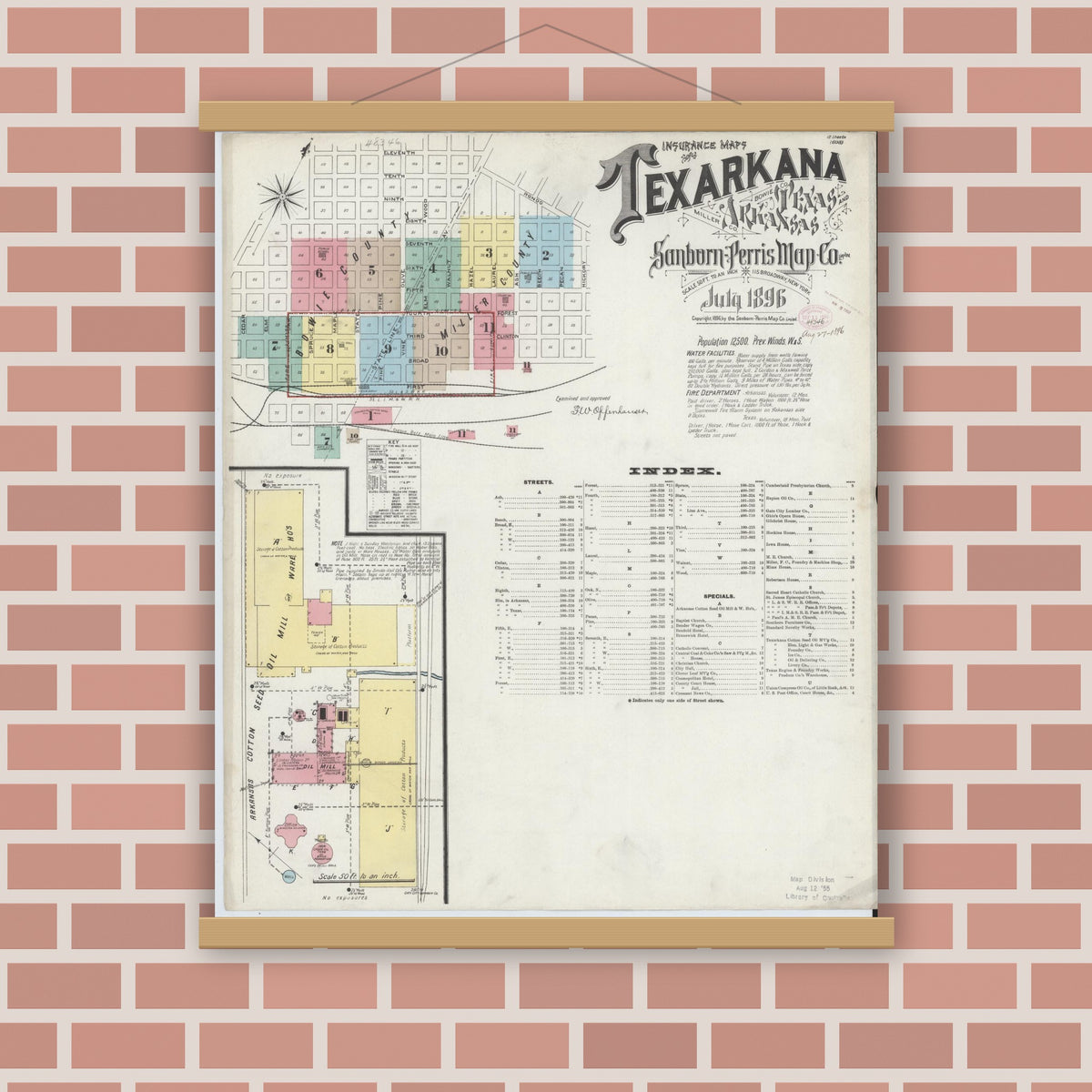 Old map wall art mockup — magnetic wood frame on brick wall — Sanborn Fire Insurance Map from Texarkana, Bowie County, Texas (1896) - Complete Map Set