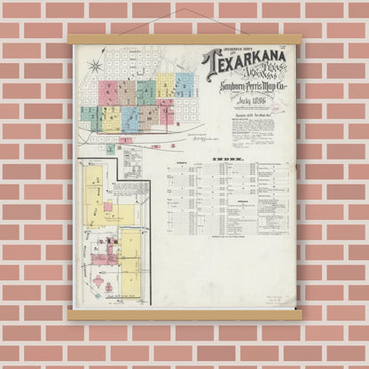 Old map wall art mockup — magnetic wood frame on brick wall — Sanborn Fire Insurance Map from Texarkana, Bowie County, Texas (1896) - Complete Map Set