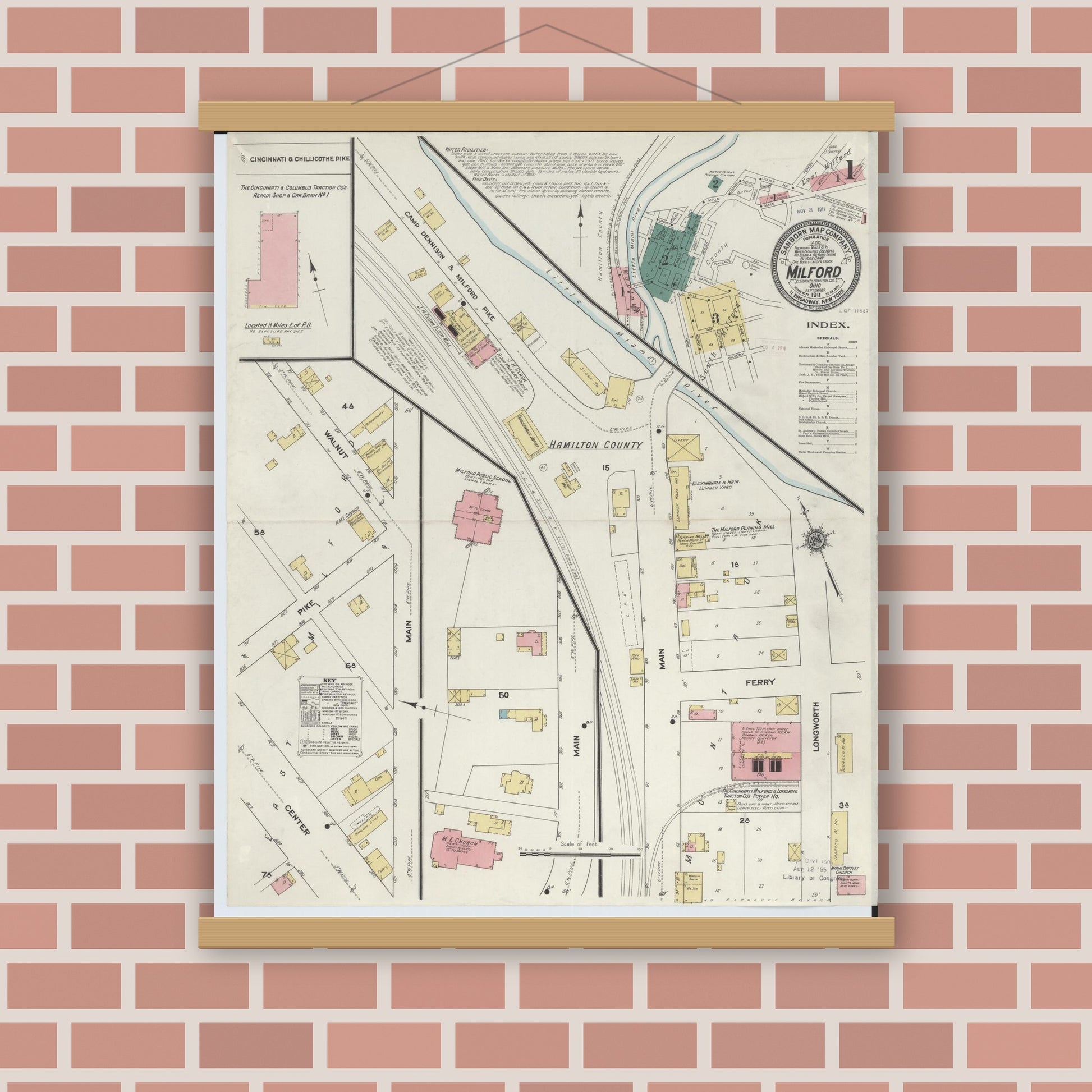Old map wall art mockup — magnetic wood frame on brick wall — Sanborn Fire Insurance Map from Milford, Clermont And Hamilton County, Ohio (1911), Sheet #0001