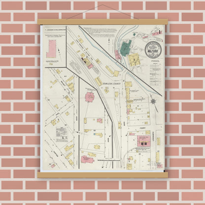 Old map wall art mockup — magnetic wood frame on brick wall — Sanborn Fire Insurance Map from Milford, Clermont And Hamilton County, Ohio (1911), Sheet #0001