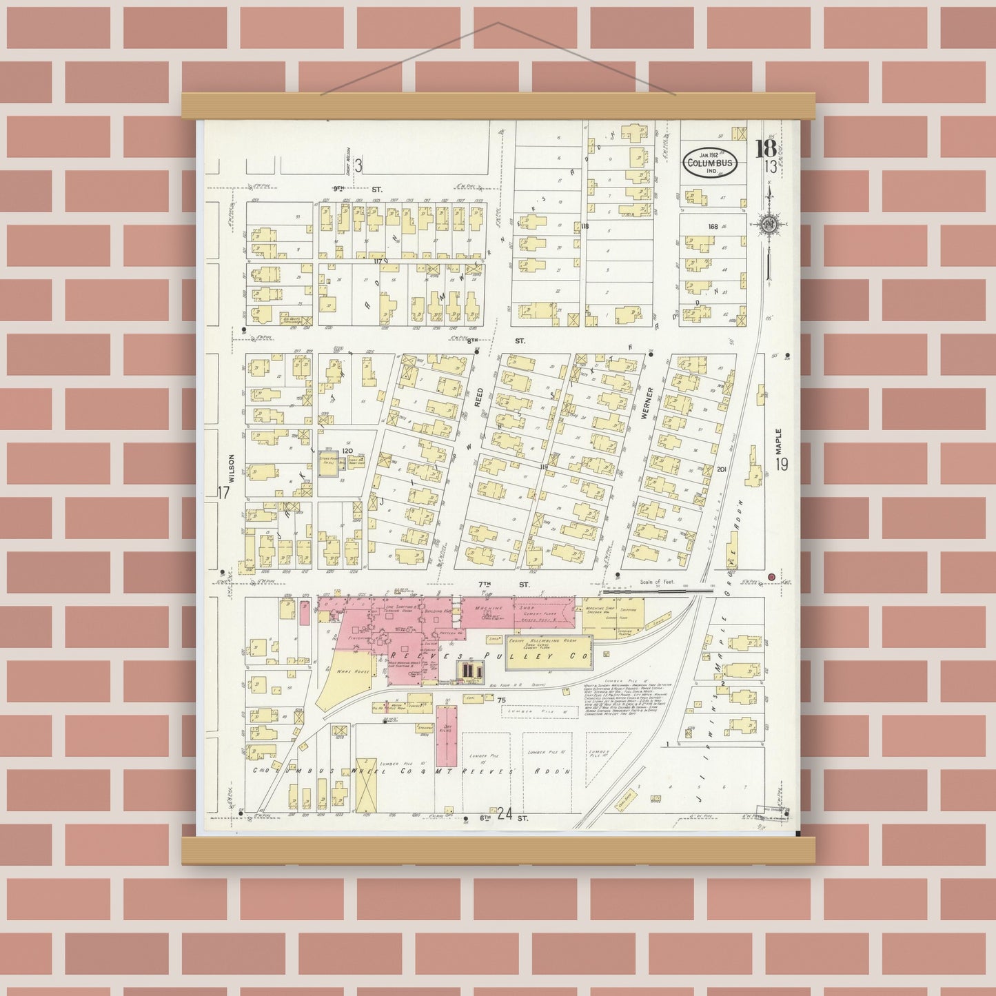 Old map wall art mockup — magnetic wood frame on brick wall — Sanborn Fire Insurance Map from Columbus, Bartholomew County, Indiana (1912), Sheet #0018