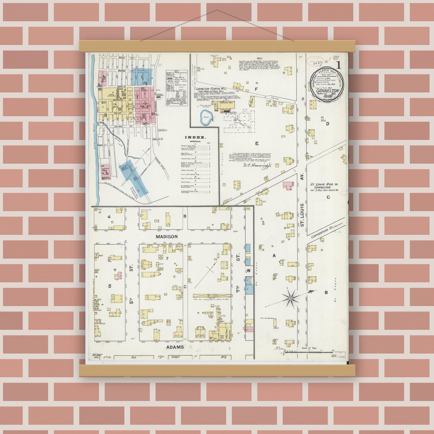 Old map wall art mockup — magnetic wood frame on brick wall — Sanborn Fire Insurance Map from Cannelton, Perry County, Indiana (1892) - Complete Map Set