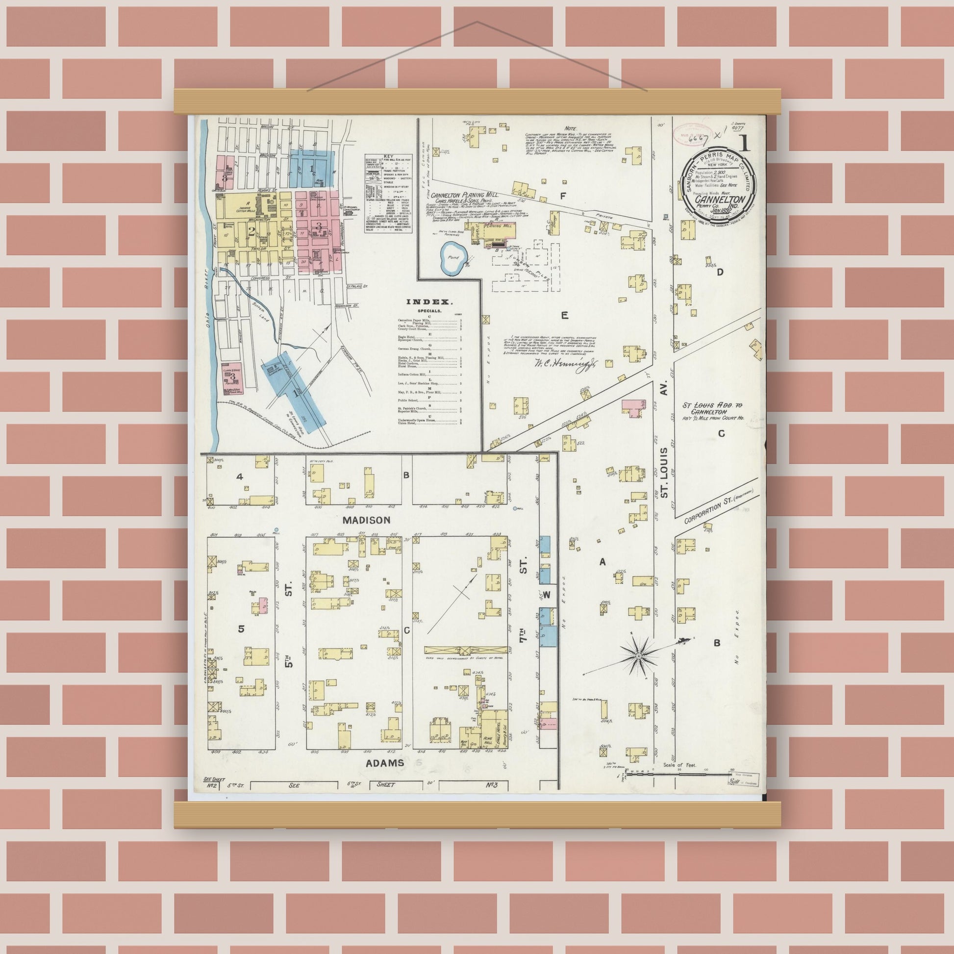Old map wall art mockup — magnetic wood frame on brick wall — Sanborn Fire Insurance Map from Cannelton, Perry County, Indiana (1892) - Complete Map Set