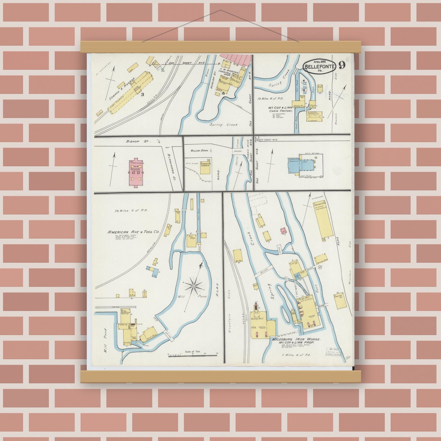 Old map wall art mockup — magnetic wood frame on brick wall — Sanborn Fire Insurance Map from Bellefonte, Centre County, Pennsylvania (1892), Sheet #0009