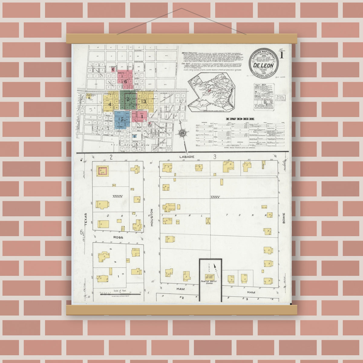 Old map wall art mockup — magnetic wood frame on brick wall — Sanborn Fire Insurance Map from De Leon, Comanche County, Texas (1920) - Complete Map Set