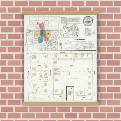 Old map wall art mockup — magnetic wood frame on brick wall — Sanborn Fire Insurance Map from De Leon, Comanche County, Texas (1920) - Complete Map Set