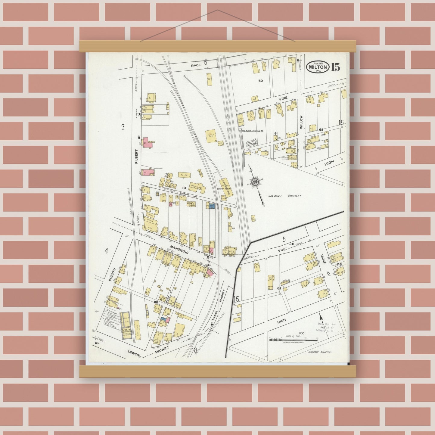 Old map wall art mockup — magnetic wood frame on brick wall — Sanborn Fire Insurance Map from Milton, Northumberland County, Pennsylvania (1918), Sheet #0015