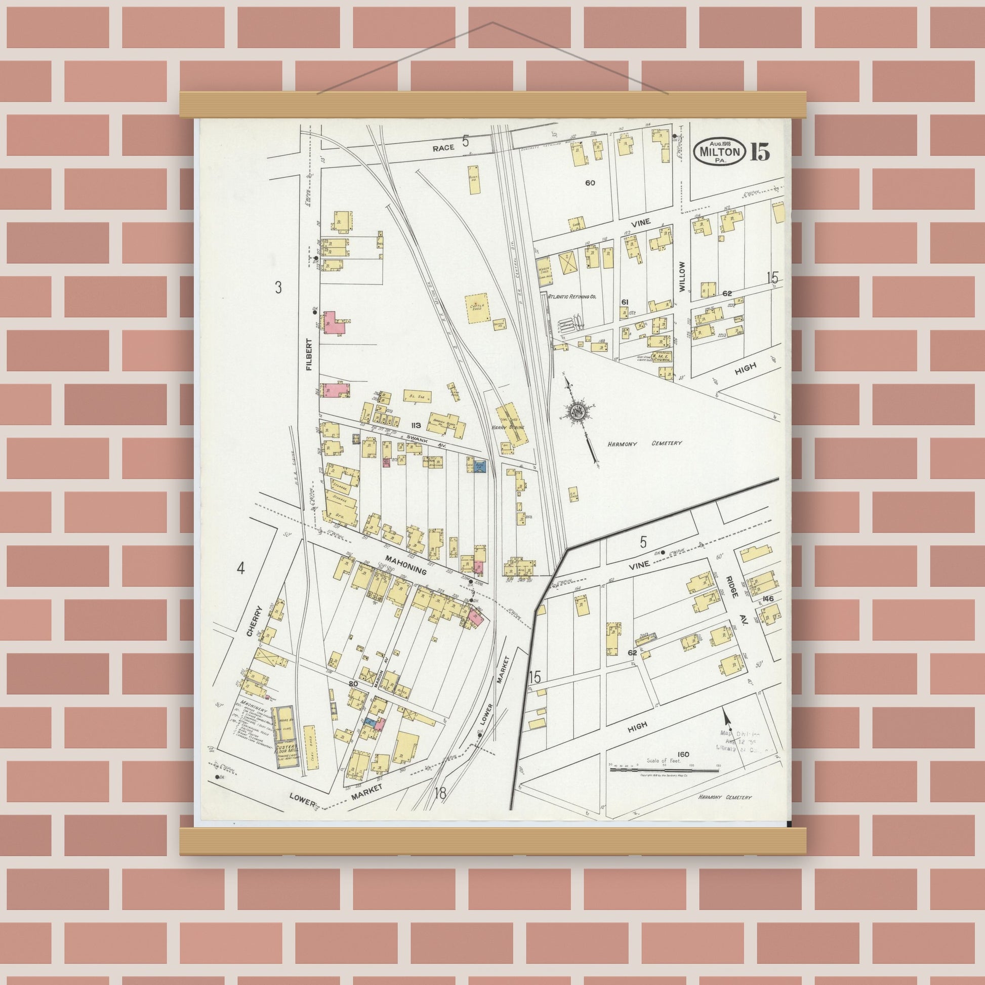 Old map wall art mockup — magnetic wood frame on brick wall — Sanborn Fire Insurance Map from Milton, Northumberland County, Pennsylvania (1918), Sheet #0015