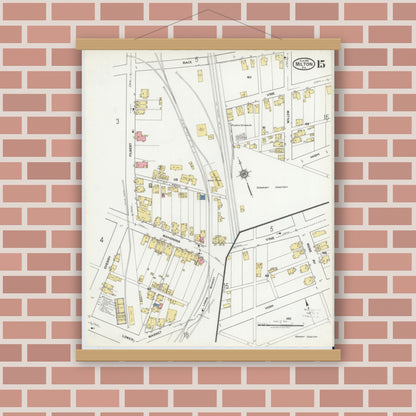 Old map wall art mockup — magnetic wood frame on brick wall — Sanborn Fire Insurance Map from Milton, Northumberland County, Pennsylvania (1918), Sheet #0015