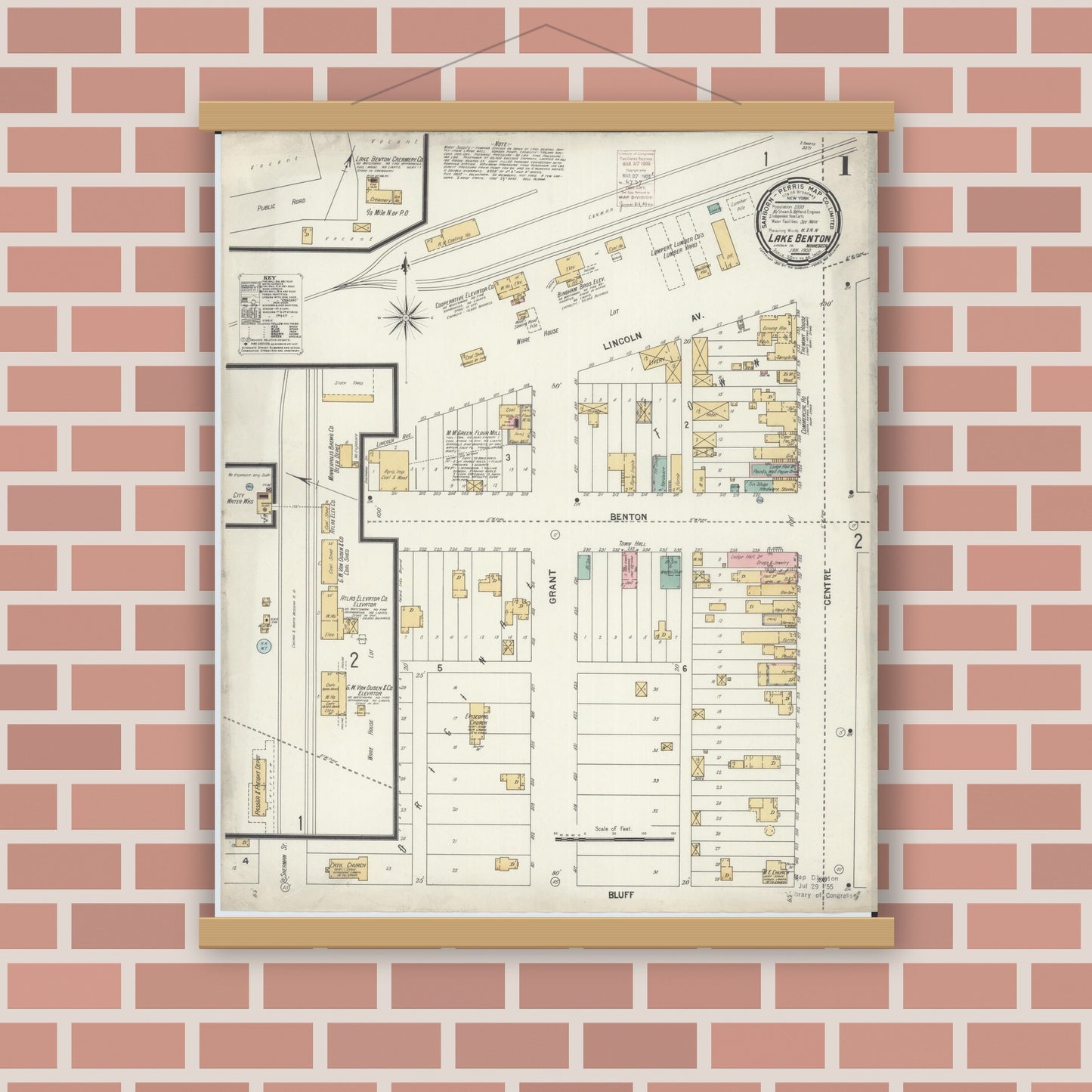 Old map wall art mockup — magnetic wood frame on brick wall — Sanborn Fire Insurance Map from Lake Benton, Lincoln County, Minnesota (1900), Sheet #0001