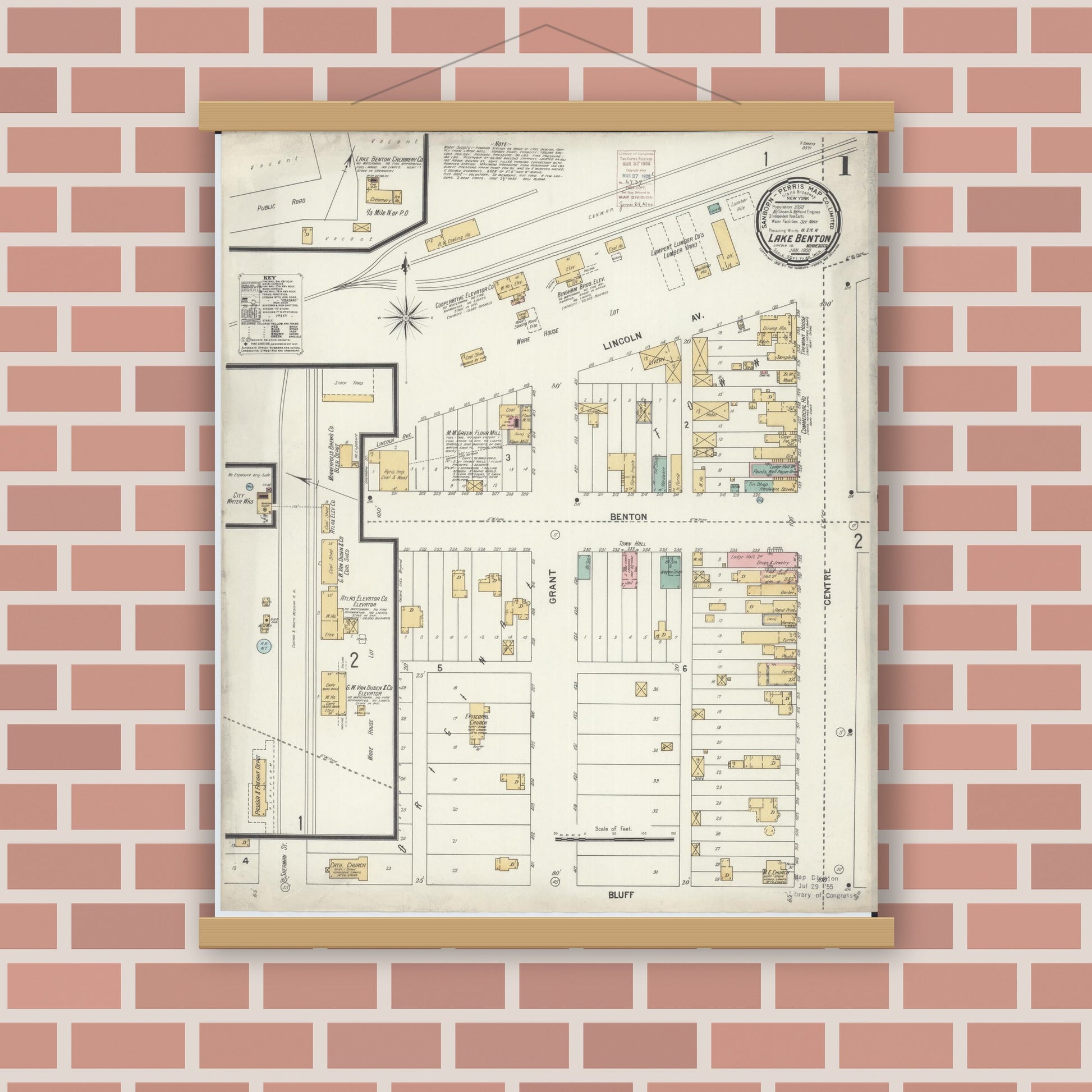 Old map wall art mockup — magnetic wood frame on brick wall — Sanborn Fire Insurance Map from Lake Benton, Lincoln County, Minnesota (1900), Sheet #0001