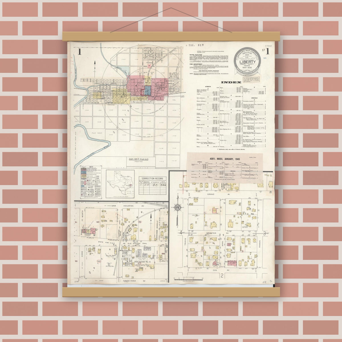 Old map wall art mockup — magnetic wood frame on brick wall — Sanborn Fire Insurance Map from Liberty, Liberty County, Texas (1945), Sheet #0001