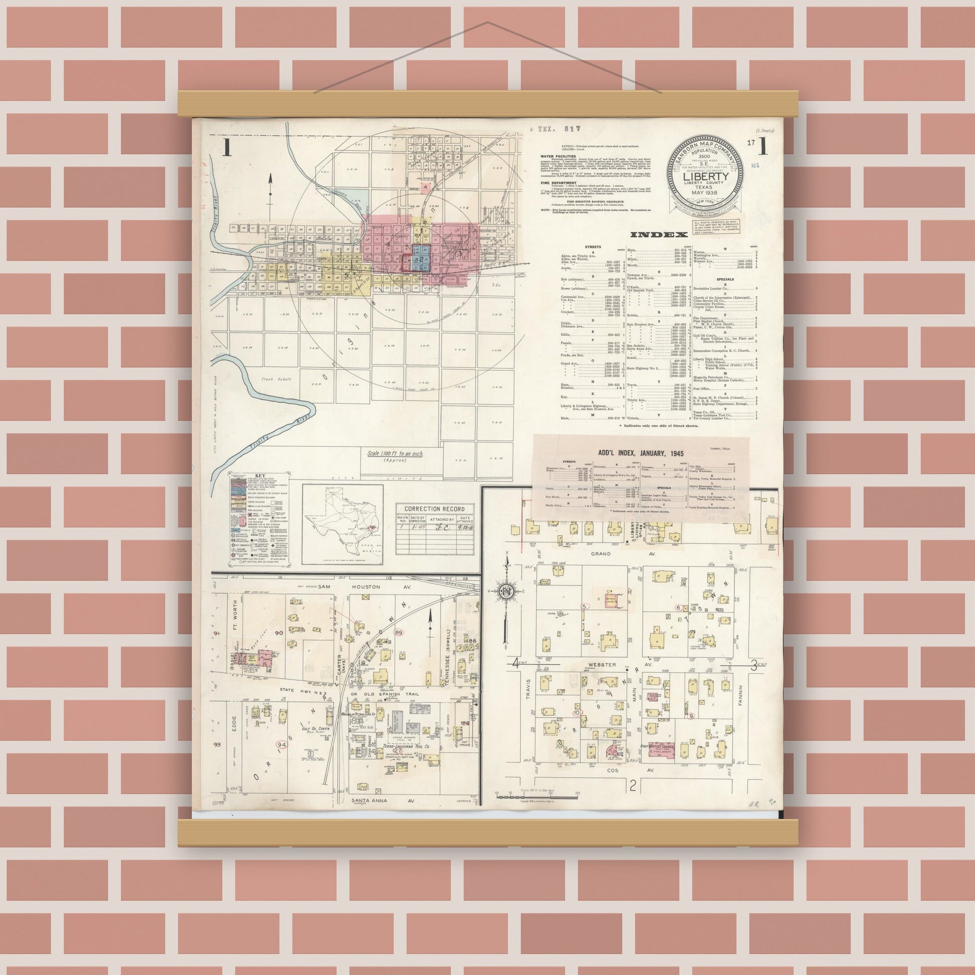 Old map wall art mockup — magnetic wood frame on brick wall — Sanborn Fire Insurance Map from Liberty, Liberty County, Texas (1945), Sheet #0001