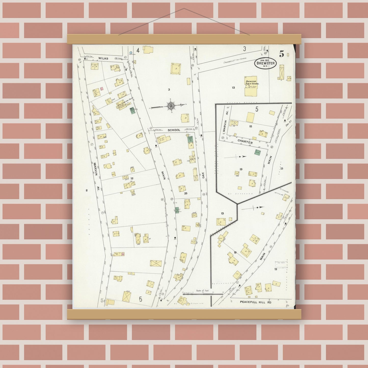 Old map wall art mockup — magnetic wood frame on brick wall — Sanborn Fire Insurance Map from Brewster, Putnam County, New York (1910), Sheet #0005
