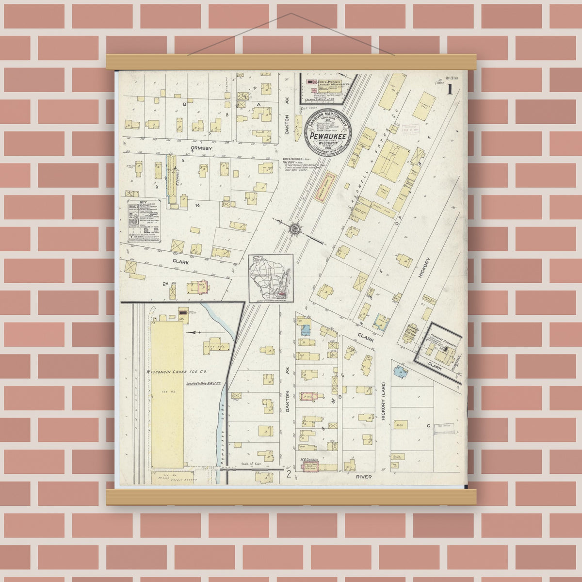 Old map wall art mockup — magnetic wood frame on brick wall — Sanborn Fire Insurance Map from Pewaukee, Waukesha County, Wisconsin (1914) - Complete Map Set