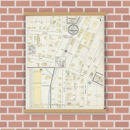 Old map wall art mockup — magnetic wood frame on brick wall — Sanborn Fire Insurance Map from Pewaukee, Waukesha County, Wisconsin (1914) - Complete Map Set
