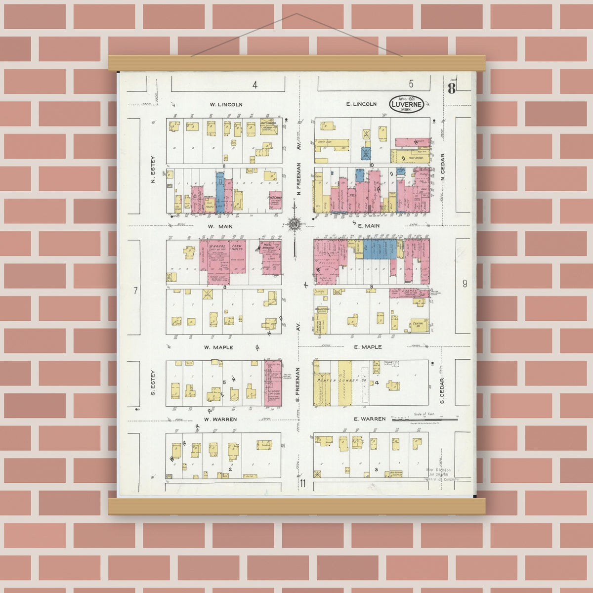 Old map wall art mockup — magnetic wood frame on brick wall — Sanborn Fire Insurance Map from Luverne, Rock County, Minnesota (1921), Sheet #0008