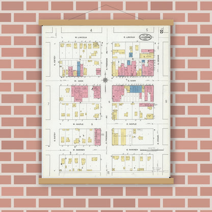 Old map wall art mockup — magnetic wood frame on brick wall — Sanborn Fire Insurance Map from Luverne, Rock County, Minnesota (1921), Sheet #0008
