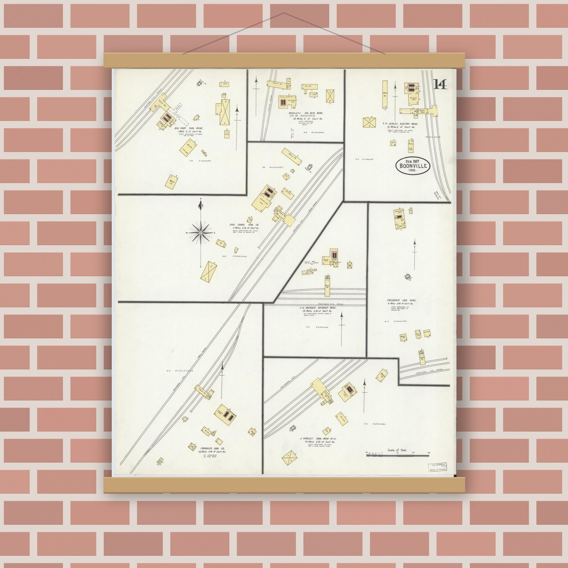 Old map wall art mockup — magnetic wood frame on brick wall — Sanborn Fire Insurance Map from Boonville, Warrick County, Indiana (1907), Sheet #0014