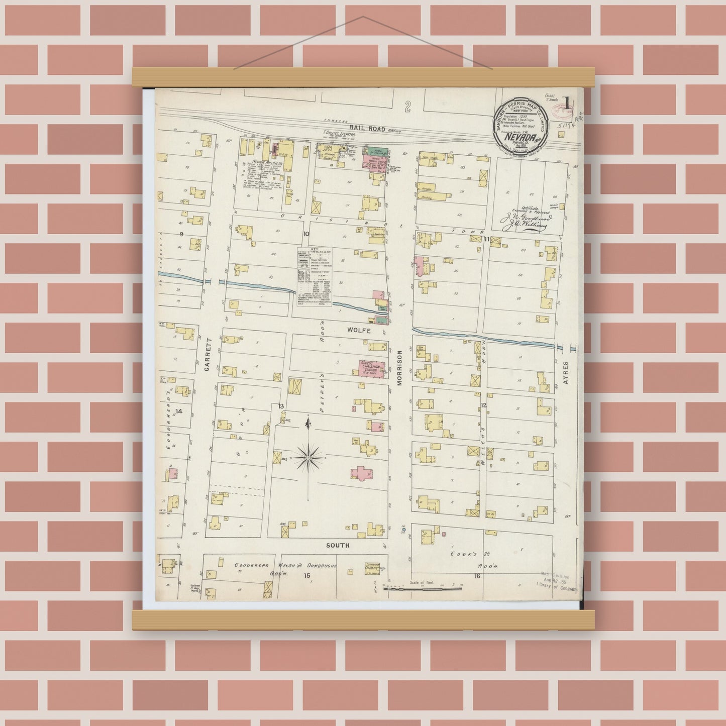 Old map wall art mockup — magnetic wood frame on brick wall — Sanborn Fire Insurance Map from Nevada, Wyandot County, Ohio (1895) - Complete Map Set