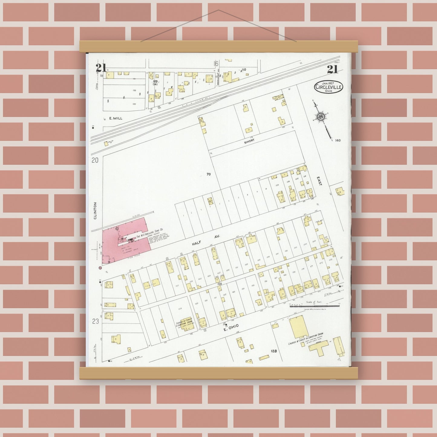 Old map wall art mockup — magnetic wood frame on brick wall — Sanborn Fire Insurance Map from Circleville, Pickaway County, Ohio (1927), Sheet #0021