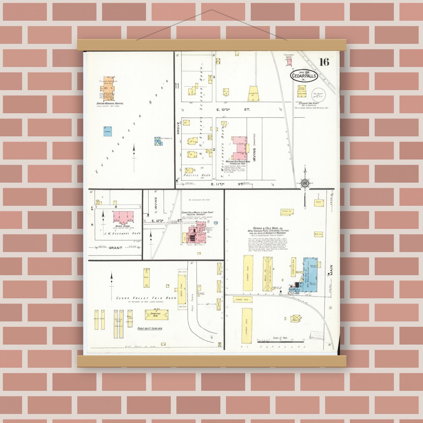 Old map wall art mockup — magnetic wood frame on brick wall — Sanborn Fire Insurance Map from Cedar Falls, Black Hawk County, Iowa (1916), Sheet #0016