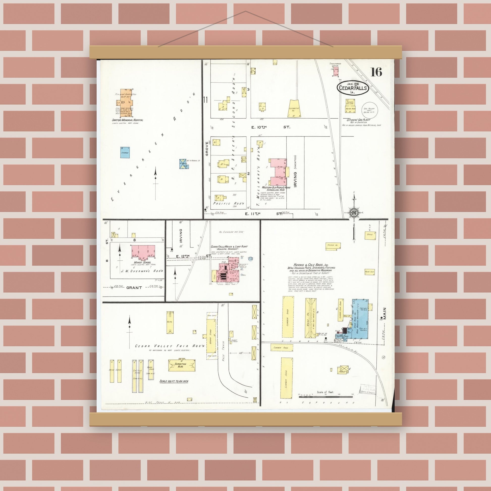 Old map wall art mockup — magnetic wood frame on brick wall — Sanborn Fire Insurance Map from Cedar Falls, Black Hawk County, Iowa (1916), Sheet #0016