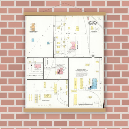 Old map wall art mockup — magnetic wood frame on brick wall — Sanborn Fire Insurance Map from Cedar Falls, Black Hawk County, Iowa (1916), Sheet #0016