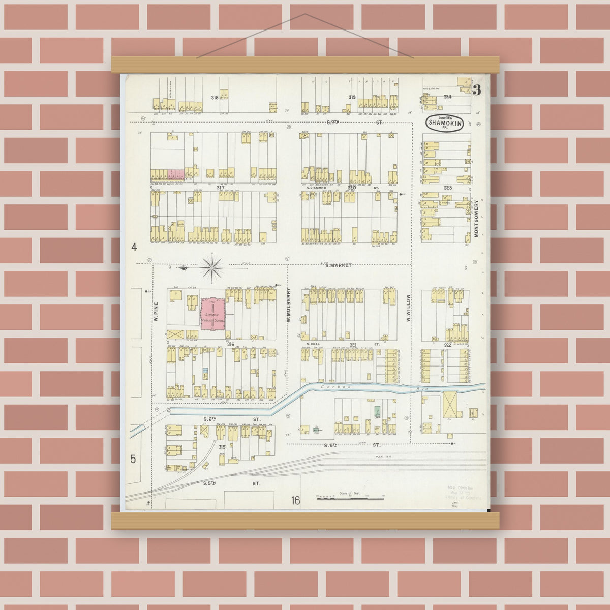 Old map wall art mockup — magnetic wood frame on brick wall — Sanborn Fire Insurance Map from Shamokin, Northumberland County, Pennsylvania (1896), Sheet #0003