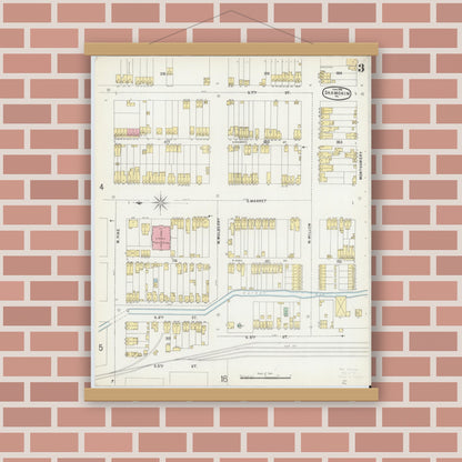 Old map wall art mockup — magnetic wood frame on brick wall — Sanborn Fire Insurance Map from Shamokin, Northumberland County, Pennsylvania (1896), Sheet #0003