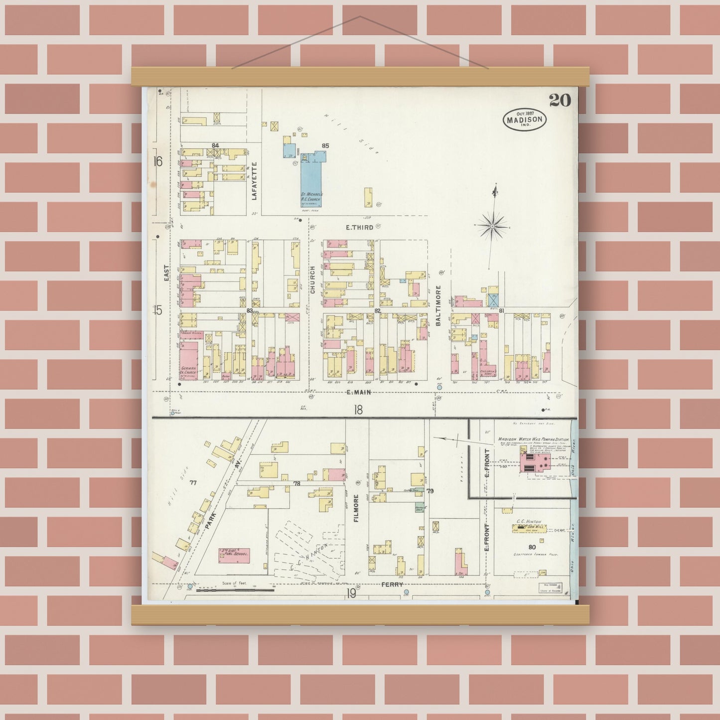 Old map wall art mockup — magnetic wood frame on brick wall — Sanborn Fire Insurance Map from Madison, Jefferson County, Indiana (1897), Sheet #0020