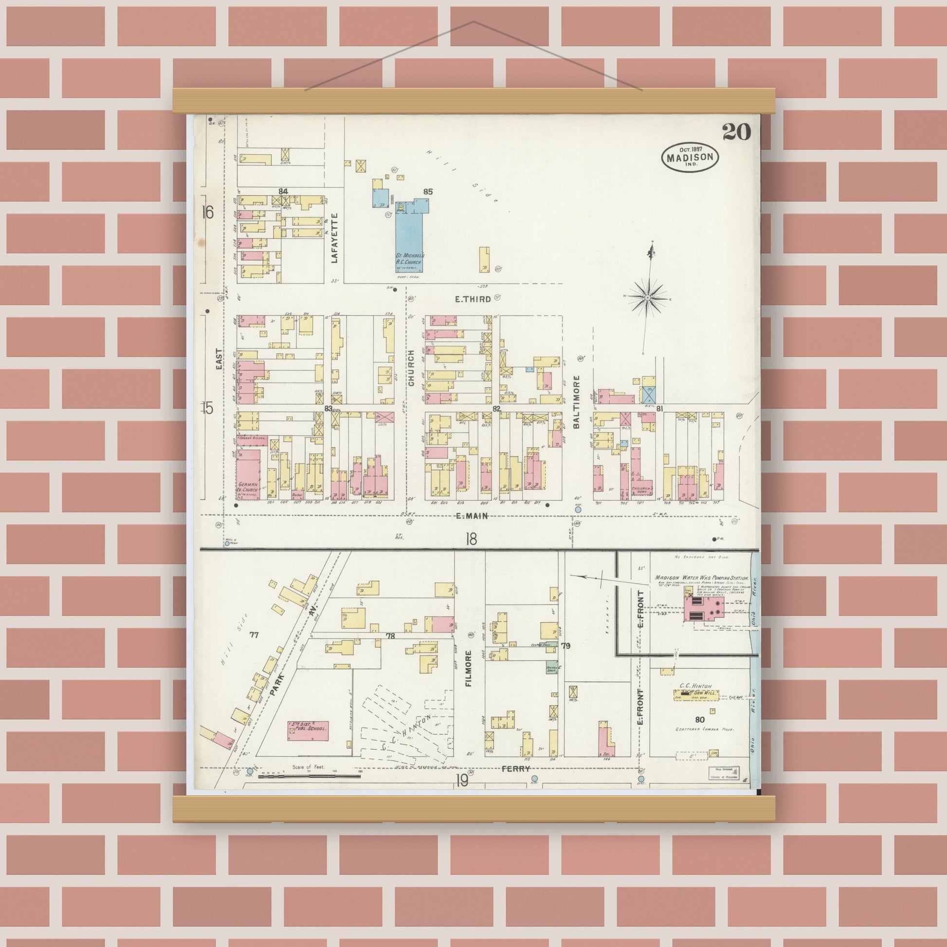 Old map wall art mockup — magnetic wood frame on brick wall — Sanborn Fire Insurance Map from Madison, Jefferson County, Indiana (1897), Sheet #0020