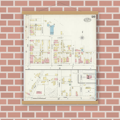 Old map wall art mockup — magnetic wood frame on brick wall — Sanborn Fire Insurance Map from Madison, Jefferson County, Indiana (1897), Sheet #0020