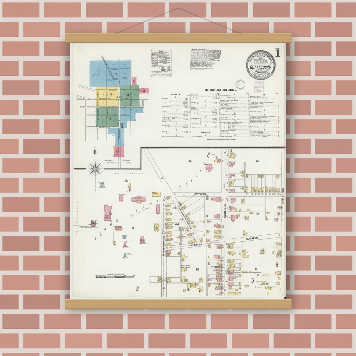 Old map wall art mockup — magnetic wood frame on brick wall — Sanborn Fire Insurance Map from Gettysburg, Adams County, Pennsylvania (1902), Sheet #0001