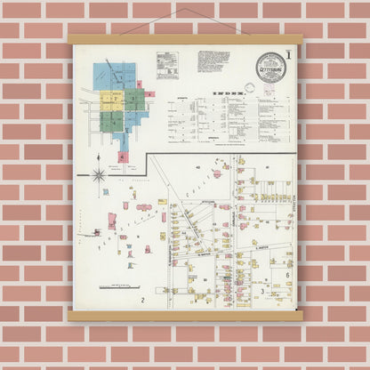 Old map wall art mockup — magnetic wood frame on brick wall — Sanborn Fire Insurance Map from Gettysburg, Adams County, Pennsylvania (1902), Sheet #0001