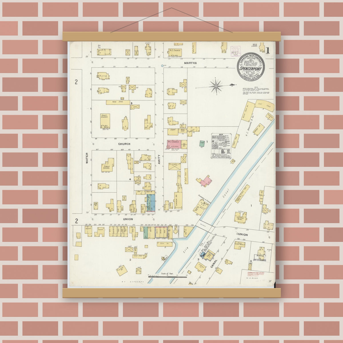 Old map wall art mockup — magnetic wood frame on brick wall — Sanborn Fire Insurance Map from Spencerport, Monroe County, New York (1905) - Complete Map Set