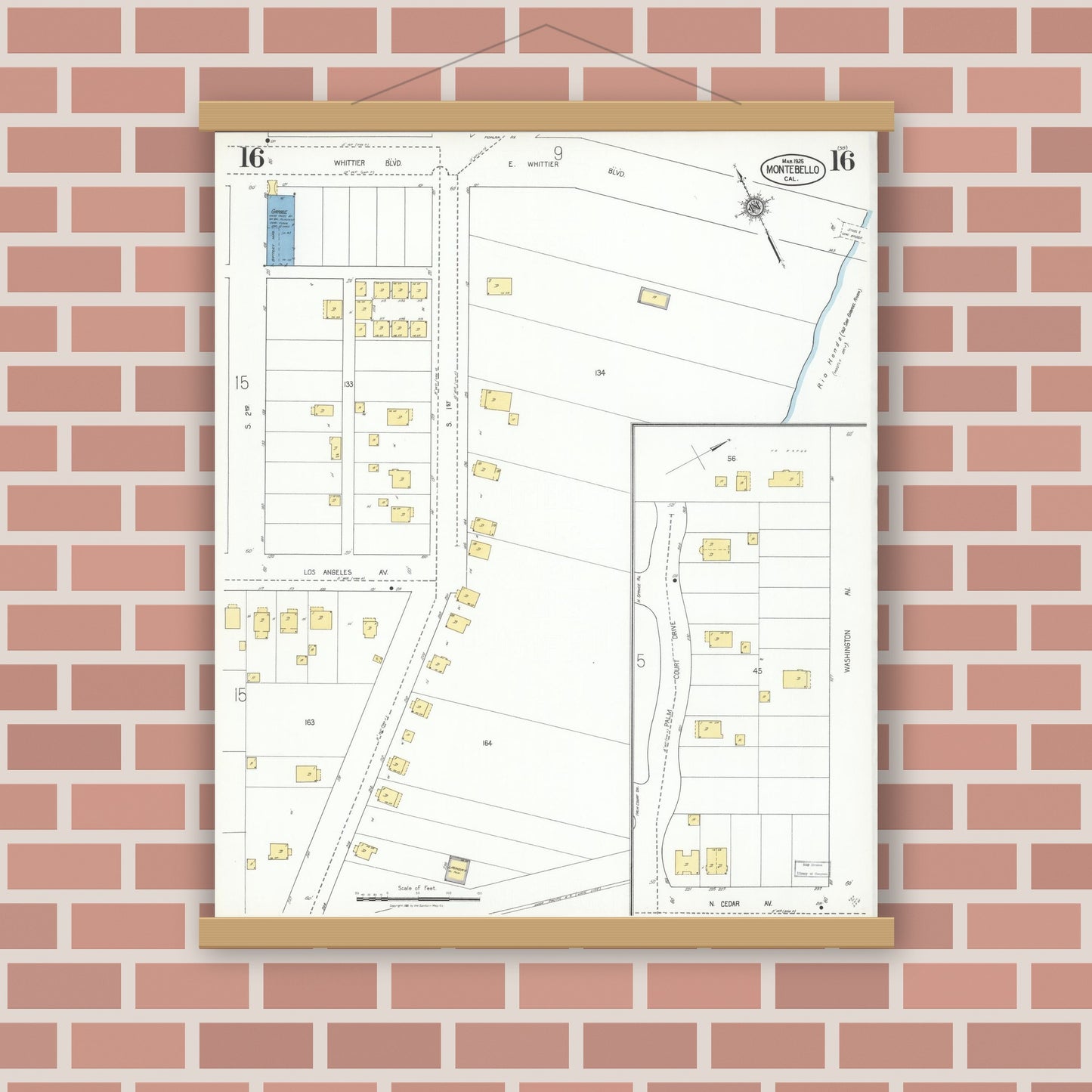 Old map wall art mockup — magnetic wood frame on brick wall — Sanborn Fire Insurance Map from Montebello, Los Angeles County, California (1925), Sheet #0016