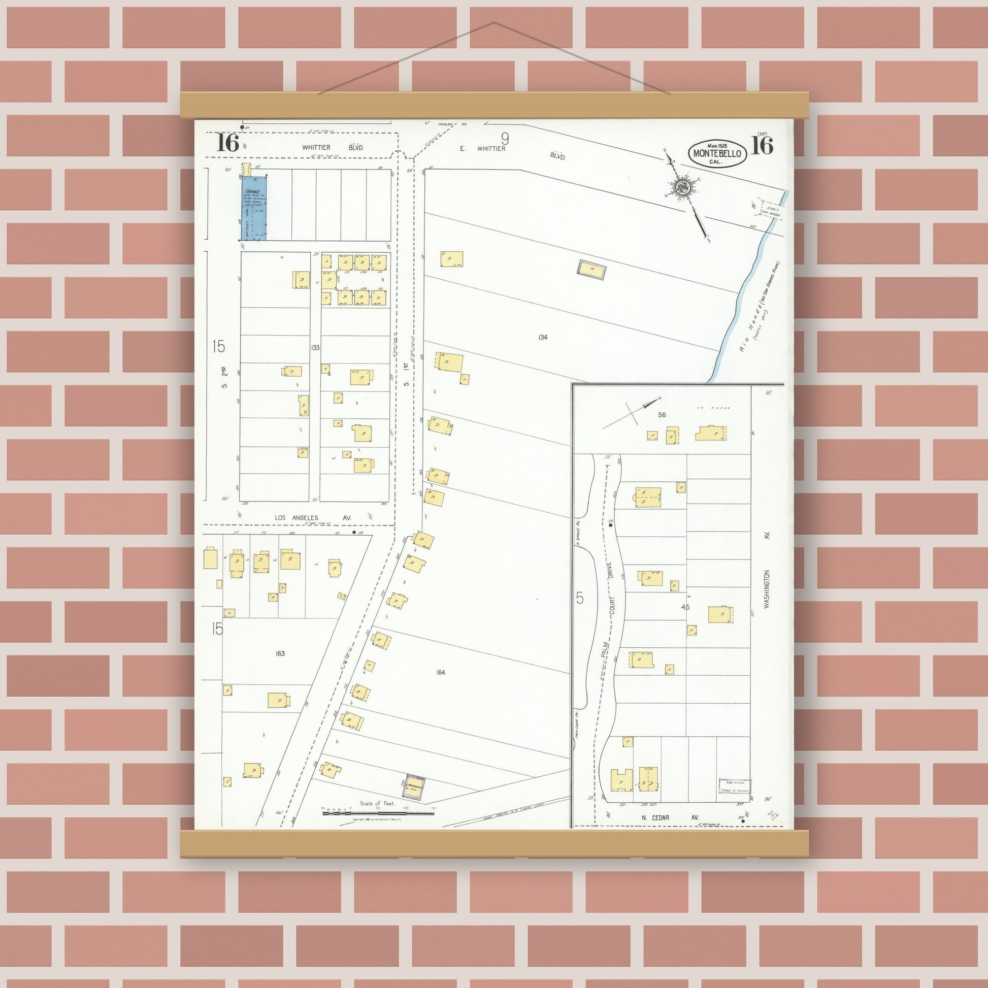Old map wall art mockup — magnetic wood frame on brick wall — Sanborn Fire Insurance Map from Montebello, Los Angeles County, California (1925), Sheet #0016