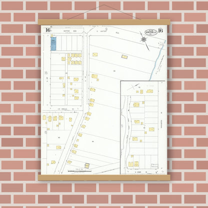 Old map wall art mockup — magnetic wood frame on brick wall — Sanborn Fire Insurance Map from Montebello, Los Angeles County, California (1925), Sheet #0016
