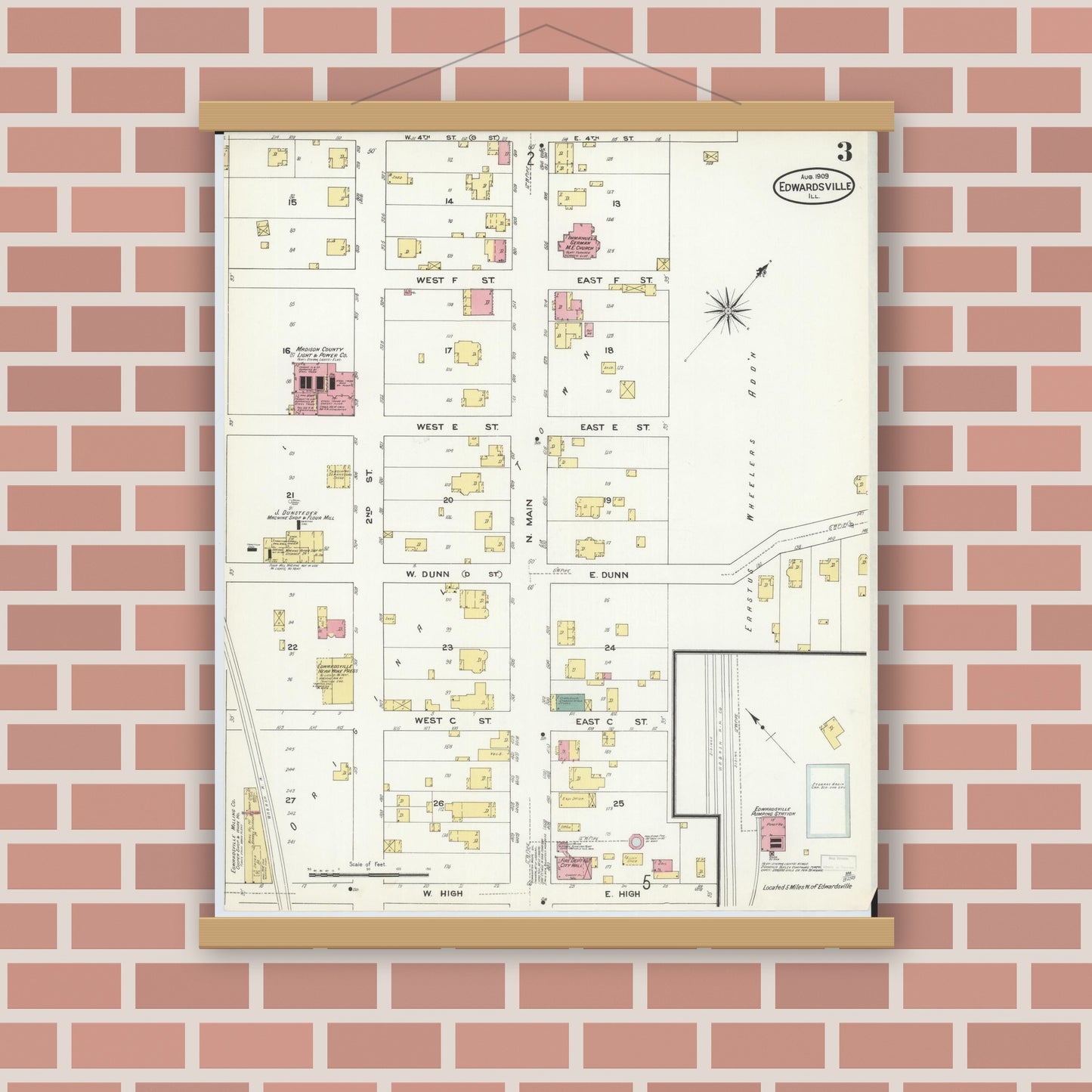 Old map wall art mockup — magnetic wood frame on brick wall — Sanborn Fire Insurance Map from Edwardsville, Madison County, Illinois (1909), Sheet #0003
