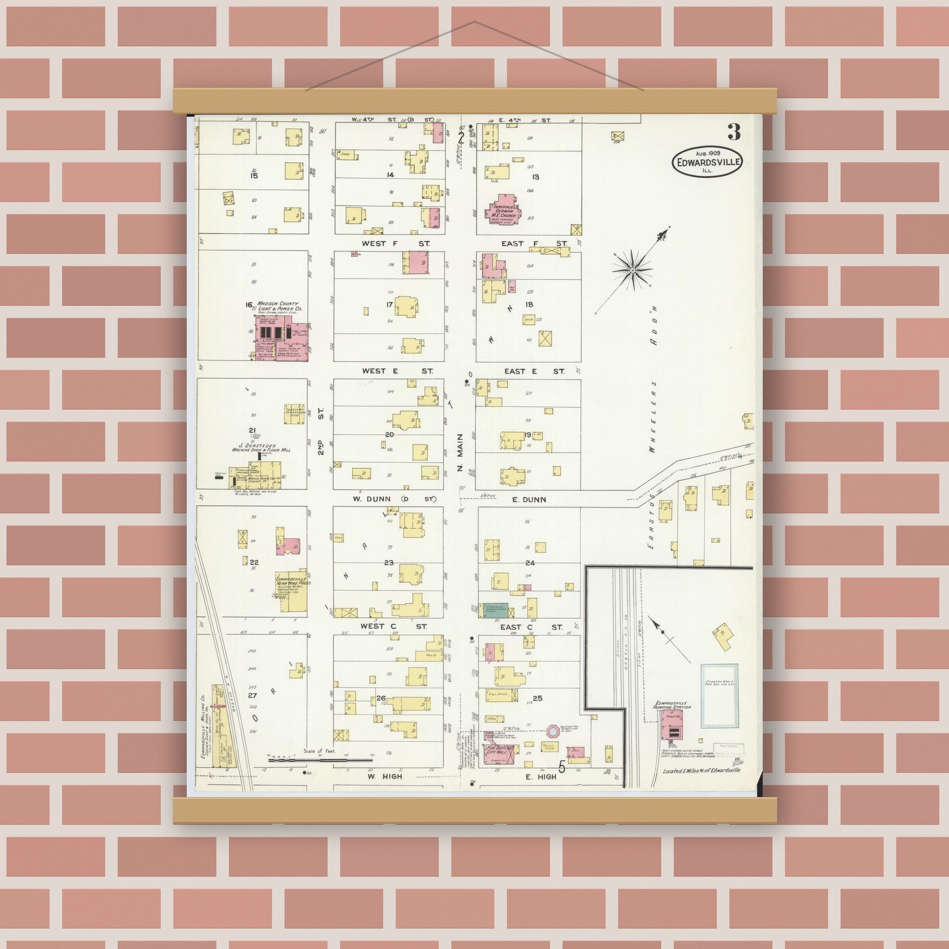 Old map wall art mockup — magnetic wood frame on brick wall — Sanborn Fire Insurance Map from Edwardsville, Madison County, Illinois (1909), Sheet #0003